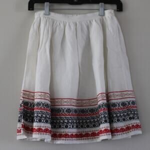 NWT Bonpoint Epice White Midi Pleated Skirt Linen Cotton Red Blue Embroidered 12
